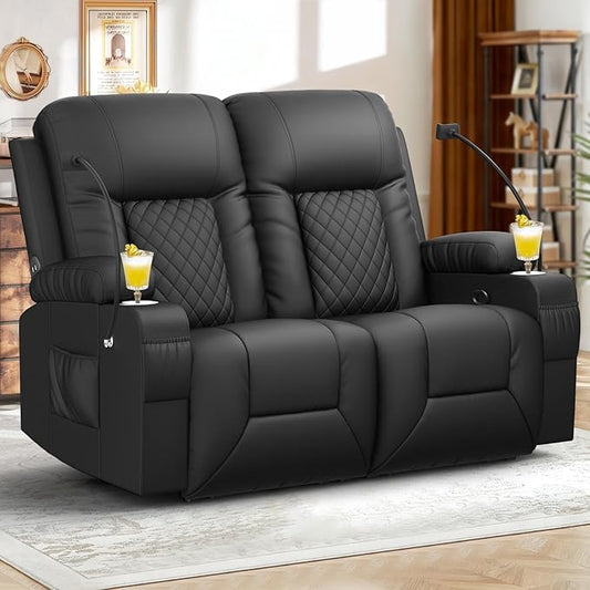 FURNIMAT 2026 Fabric Loveseat Recliner Sofa, 2 Seater Reclining Loveseat Sofa, RV Loveseat Couch, Modern Recliner Chair for Living Room, with Cup Holder and 2 Cell Phone Holders, USB Ports, Black