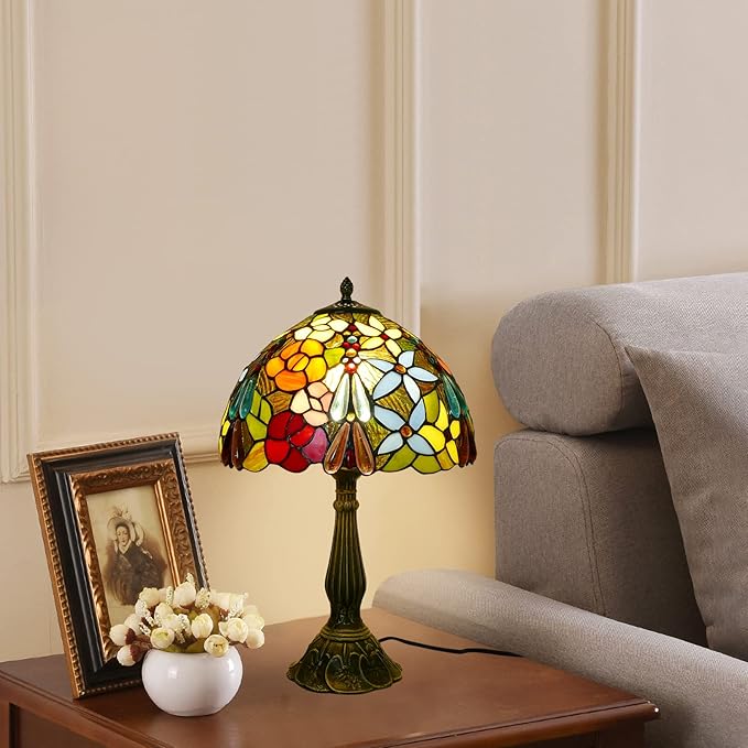 Tiffany Table Lamp 12x12x19 Inch Multi-Color Flowers Style Table Lamp Stained Glass Lamp Bedside Nightstand Reading Desk Light for Bedroom Home Office Decor (LED Bulb Included)