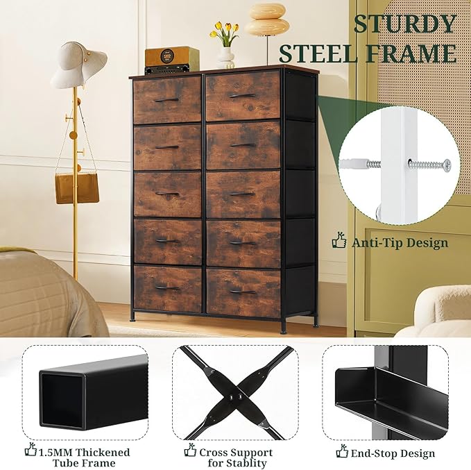 10-Drawer Dresser for Bedroom, Anti-Tip Tall Storage Organizer Chest of Drawers with Wooden Top and Metal Frame Fabric Bins for Closet, Living Room, Hallway, Entryway, Brown