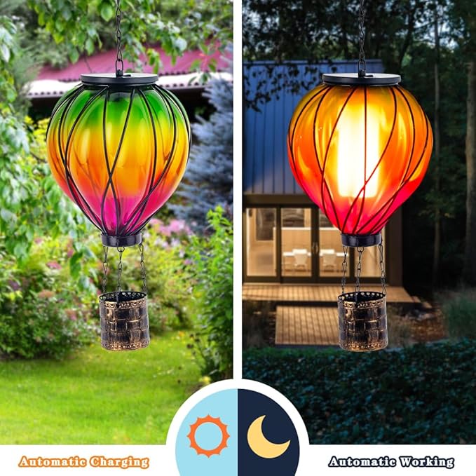 2PCS Colorful Solar Hot Air Balloon Lanterns with Flickering Flame LED Glass Hot Air Balloon Solar Lanterns Outdoor Waterproof Hanging Lights for Yard Garden Decor Mother Day Gifts for Women