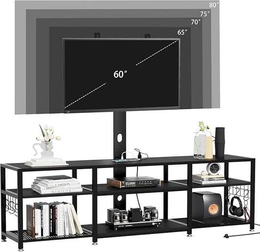 VECELO TV Stand with Mount and Power Outlet, Height Adjustable Entertainment Center with Storage Shelves for 55/65/70/75/80 inches Televisions, Console Table for Living Room, Bedroom, Matte Black