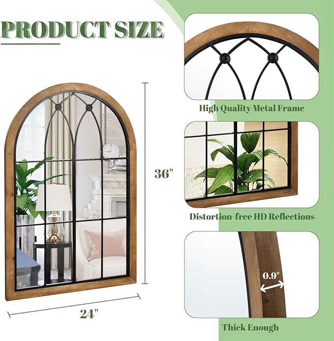 Farmhouse Wooden Arched Mirror, Decorative Arch Mirror Wall Decor, Rustic Window Pane Mirrors, Wood Framed Wall Mirrors for Entryway, Living Room