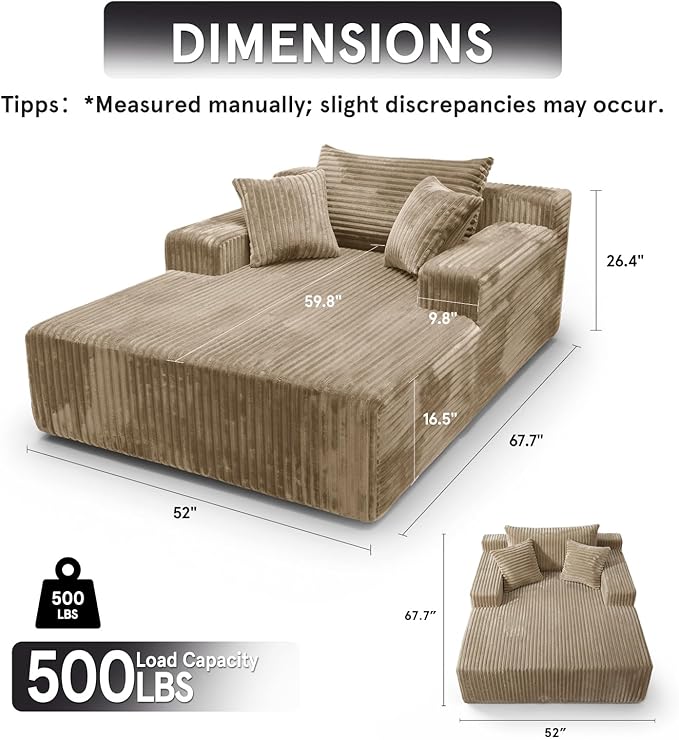 Sytopia Chaise Lounge with Armrests, Oversized Sofa Bed with 3 Pillows, Cozy Couch, Sleeper Reading Chair for Living Room Bedroom, Floor Sofa Corduroy, Furniture Sala, Cashmere Beige