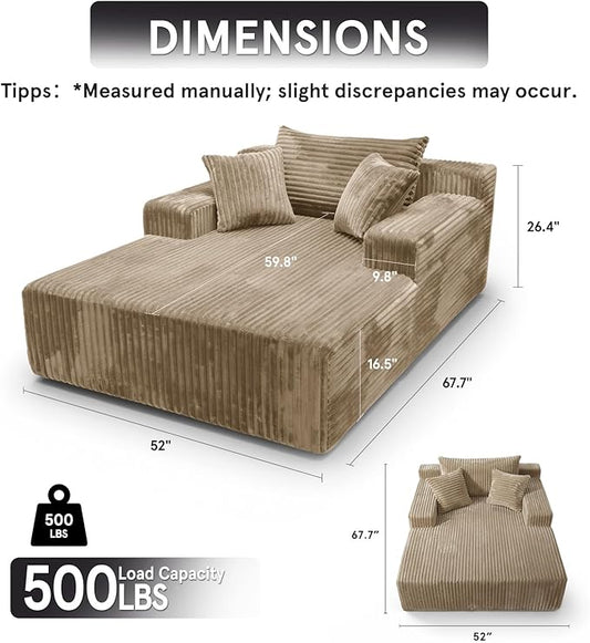 Sytopia Chaise Lounge with Armrests, Oversized Sofa Bed with 3 Pillows, Cozy Couch, Sleeper Reading Chair for Living Room Bedroom, Floor Sofa Corduroy, Furniture Sala, Cashmere Beige