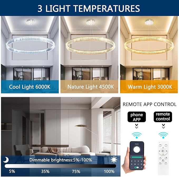 40'' Modern Ring Chandelier Crystal Chandeliers for Dining Room Round LED Dimmable Ceiling Light Fixture for Living Room Bedroom Lighting Silver