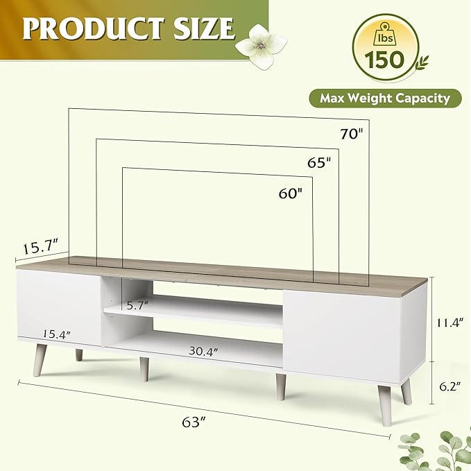 WLIVE Mid-Century Modern TV Stand for 65 70 Inch TV, Entertainment Center with Storage, Adjustable Shelves & Soft-Close, Media TV Console for Living Room/Bedroom, Greige White