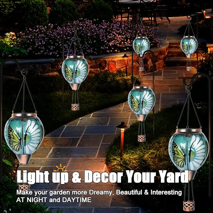 Hot Air Balloon Solar Lantern - Butterfly Stained Glass Lantern, Simulated Flickering Dancing Flame, Outdoor Hanging Yard Light Waterproof IP65 for Patio Lawn Porch Decor Gift