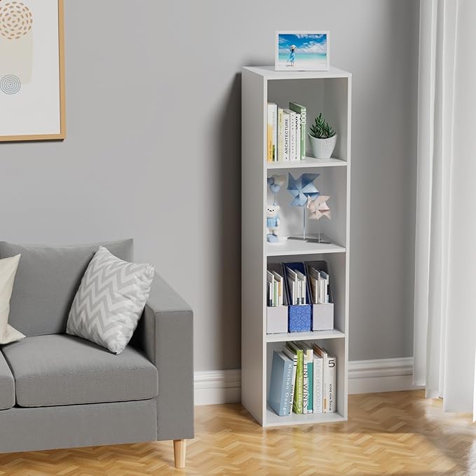 4 Tier Bookshelf, Freestanding Corner Storage Shelve Book Case for Narrow Space, 4 Cube Storage Organizer Small Bookcase for Home Office Living Room (White, 4 Cube)