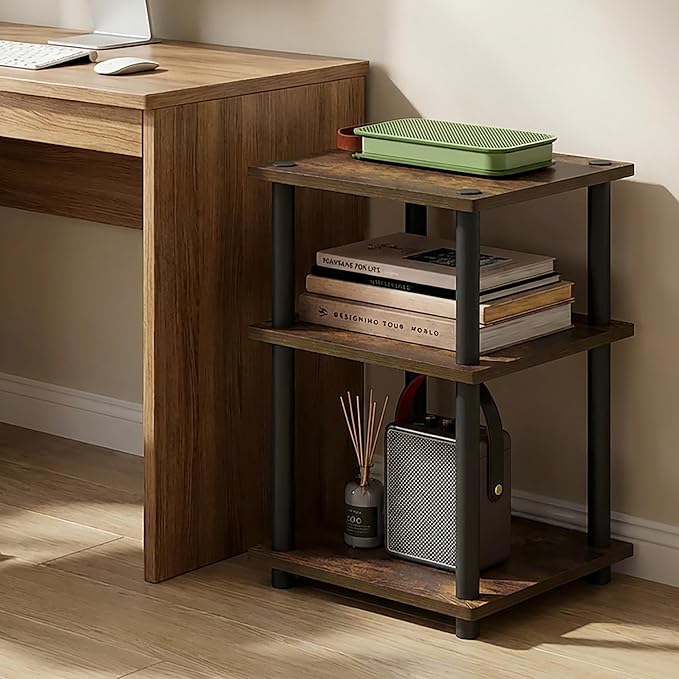 Furinno Turn-N-Tube Side Table, 3-Tier Square Modern End Table, Toolless Open Shelves Nightstand, Night Stand, Bedside Table, Easy Assembly, for Living Room, Bedroom, Amber Pine