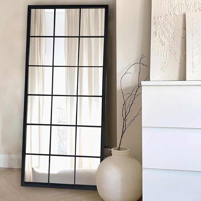 Balck Full Length Mirror,Window Pane Grid Minimalism Long Floor Wall Mounted Mirrors for Entryway,Hallway,Living Room,Fireplace 22"X53"