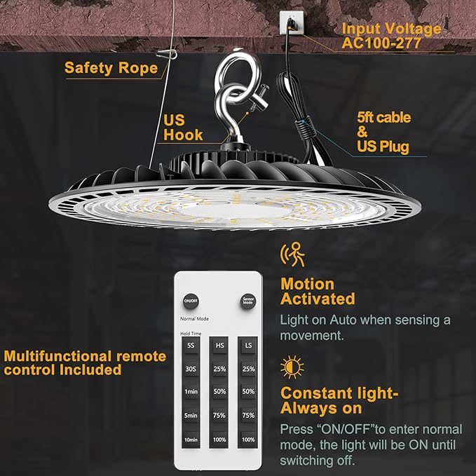 Smart 200W HIgh Bay LED Lights with Smart Controller Supports Normal Mode & Motion Sensor Mode(Energy Saving) ETL Listed UFO Lights for 25-35FT Warehouse-8Pack