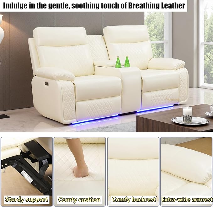 A Ainehome Power Loveseat Recliner Sofa Set, Electric Reclining Loveseat with LED Lights, Home Theater Reclining Sofa Loveseat, 2 Seater Reclining Couch for Living Room, RV, Office