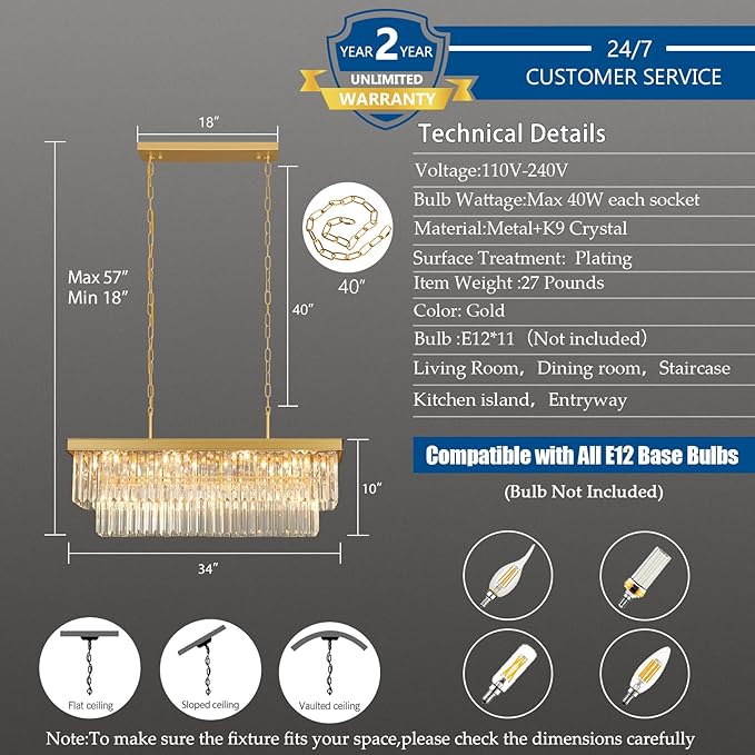 Crystal Chandeliers for Dining Room Light Fixtures Over Table，11-Lights Gold Modern Rectangle Chandeliers for Kitchen Island Bar L33.5 Inch