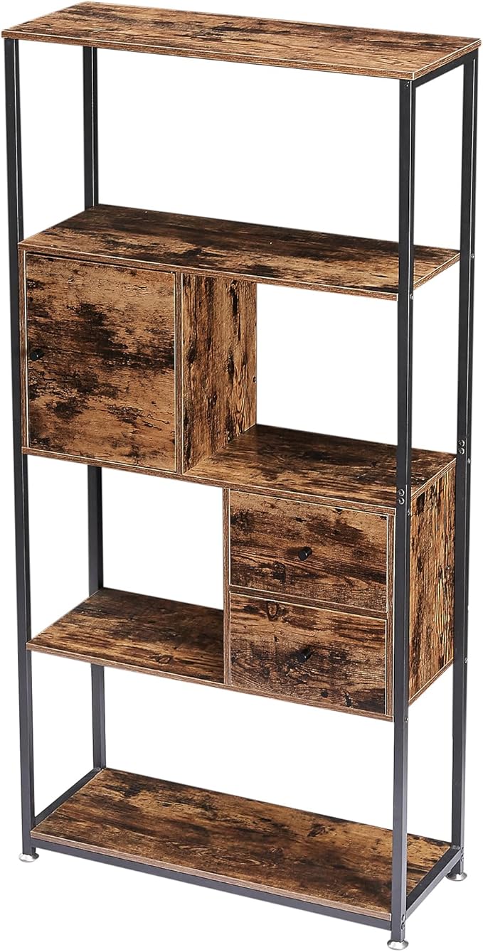 VECELO 5-Tier Bookshelf,Bookcase with 2 Storage Drawers and 1 Cabinet, Wood Board with Metal Frame Open Book Shelves Standing Shelf Unit for Living Room, Home Office,Bedroom