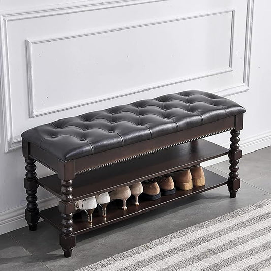 LEILISI Shoe Bench, Wood Storage Bench with Cushion Seat, Shoe Rack with Hidden Storage Space for Entryway Living Room Bedroom Hallway (Walnut, 39.4'')