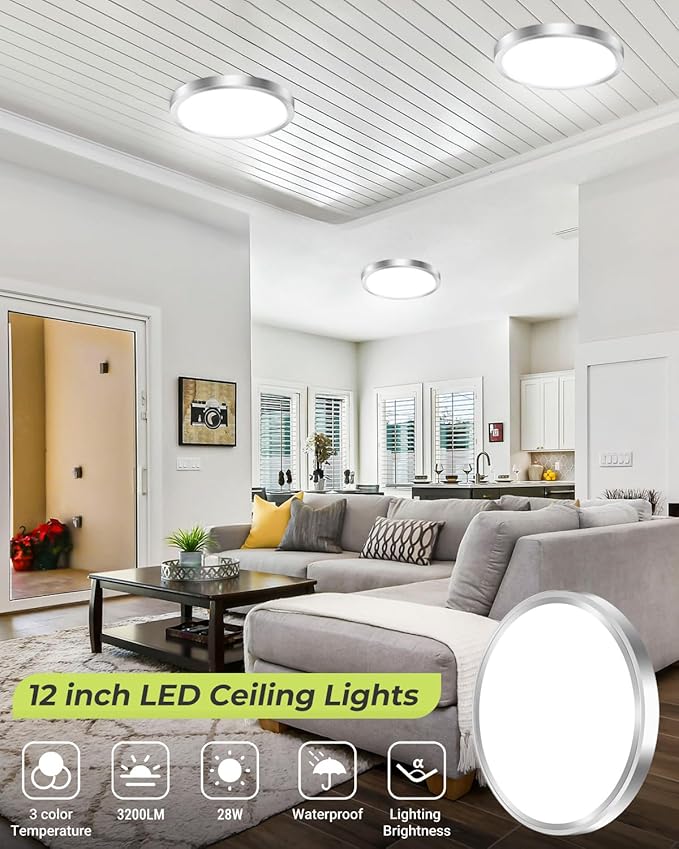 hepside 6PACK LED Flush Mount Ceiling Light - 3CCT Selectable 3000K-4000K-6500K & 100W Equivalent Modern Kitchen Recessed Ceiling Lamp 24W 3200Lm 12 Inch for Bathroom Closet Laundry Bedroom Hallway