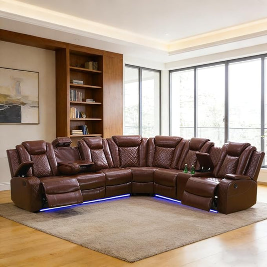 Power Recliner Sectional Sofa Set, Brown Leather Sectional Couch for Living Room, L Shape Reclining Sofa with Cup Holder, Hidden Storage, Coffee Table for House(6 Seat)