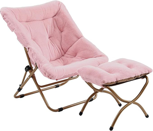 Comfy Folded Chair with Ottoman, Oversized Folding Faux Fur Chair Soft Furry Lazy Chair with Metal Frame Moon Chair Accent Chair for Bedroom, Living Room, Dorm Rooms