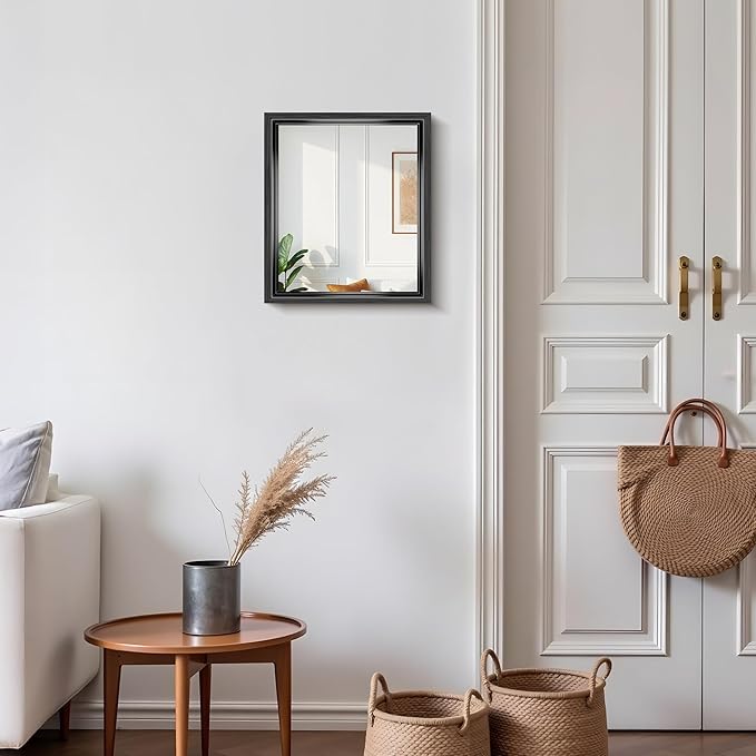 CIRCUMI 14"x16" Black Mirror with Chunky Box Metal Frame, Brushed Finish Rectangular Wall Mirrors for Living Room, Entryway, Hallway, Tempered Glass Mirror as Decor, Installed Vertical or Horizontal
