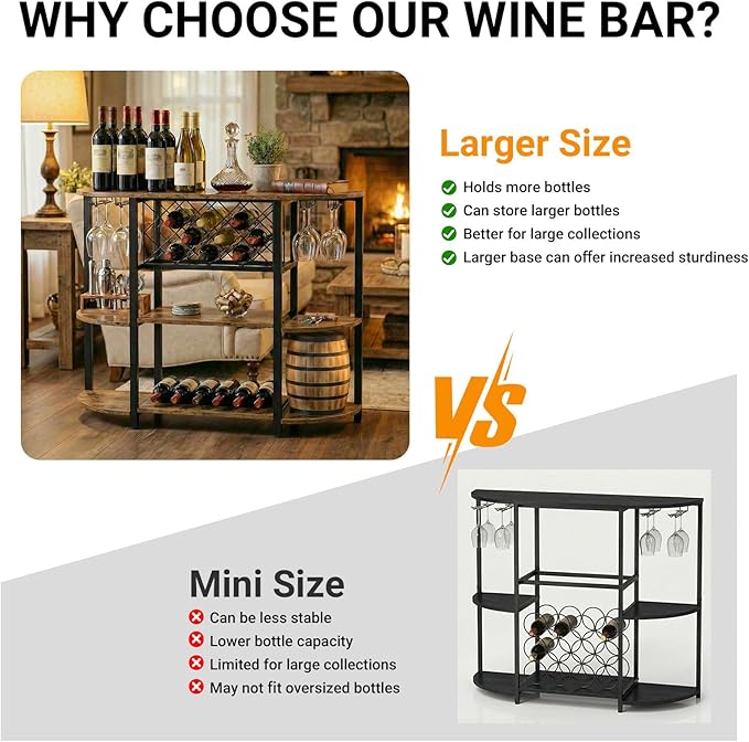 Unikito Wine Rack Table with Socket and LED Light, Floor Bar Cabinet for Liquor and Glasses, Wood Coffee Bar Table with Adjustable Wine Rack, FreeStanding Sideboard and Buffet Cabinet, Rustic