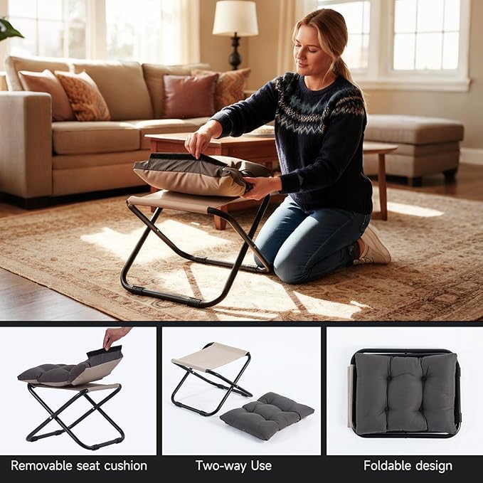 Welnow Folding Foot Stool, Upholstered Small Accent Ottoman with Detachable Thick Cotton Cushion, Padded Sofa Stool with Straight Metal Legs for Lazy Chair, Living Room, Bedroom, Dark Grey