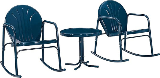 Crosley Furniture Griffith 3-Piece Outdoor Rocking Chair and Side Table Set, Retro Metal Bistro Patio Sets, Navy Gloss
