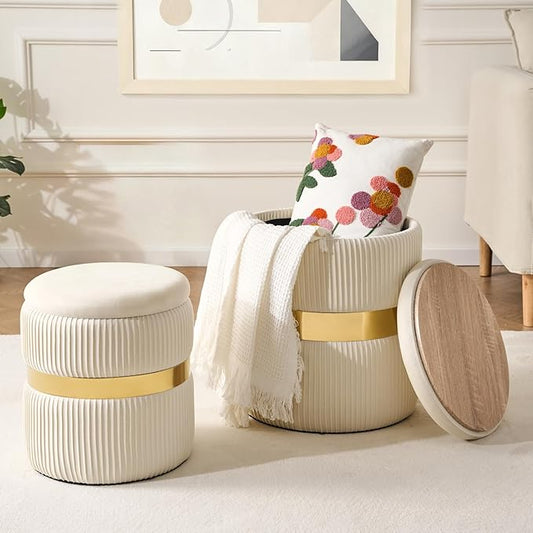Velvet Round Ottoman with Storage Set of 2 for Livingroom Small Foot Stool Ottoman for Living Room Small Coffee Table Vanity Stool with Storage for Bedroom White