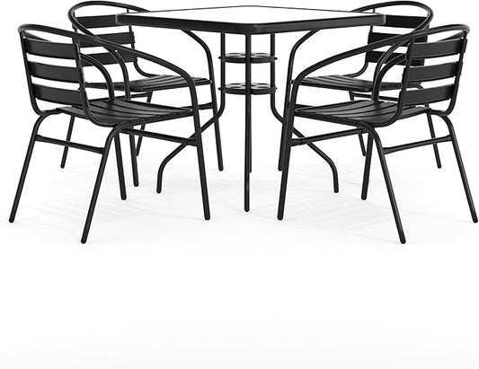 Flash Furniture 5-Piece Patio Dining Set with 31.5" Square Glass Metal Table and 4 Stackable Slat Back Chairs, Indoor/Outdoor Bistro Set, Black