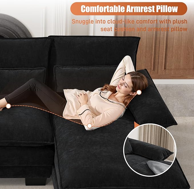 ONEMMLION U Shape Cloud Couch Sectional Sofa for Living Room, 110" Modern Chenille Comfy Cloud Sofa, 4 Seat Upholstered Modular Sofa with Memory Foam & Double Chaise, Jet Black