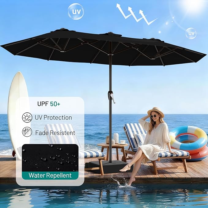 AreShark 15FT Outdoor Patio Umbrella with Crank, Large Rectangular Market Umbrella, Double-Sided Outdoor Umbrellas with Cross Base & Sandbag for Porch, Lawn, Pool, Backyard, Black