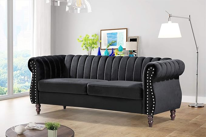 Container Furniture Direct Quinones Modern Nailhead Trim Channel Tufted Chesterfield Rolled Arms, Loveseat & Sofa, Midnight