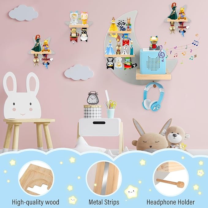 Moon + Stars for Toniebox 1/2 Tonies Figures Organizer Storage Shelf Wall Mounted, Magnetic Floating Shelves for Toniebox Player, Characters, Earphones, Display Collection 20~30 Characters (Gray)