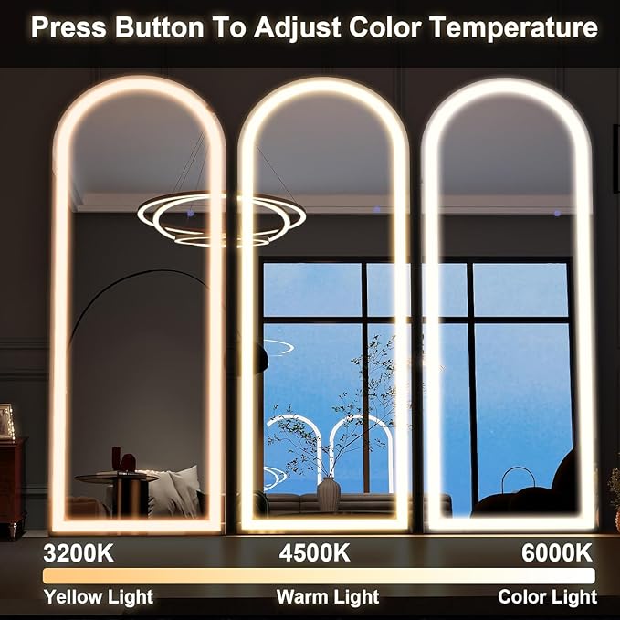 Alpen Arched Full Length Mirror, 61" x 16" Floor Mirror with Stand, Body Floor Mirrors with Dimming & 3 Color Lighting, LED Mirrors for Bedroom, Dressing Room, Cloakroom