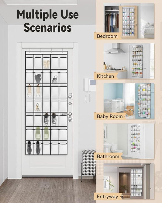 dodowin Over the Door Shoe Organizers, 2 Pack - 35 Deep Mesh Pockets Each, Over The Door Shoe Rack with 4 Metal Hooks Each, Space Saving Hanging Storage Holder for Closets, Shoes & Accessories, White