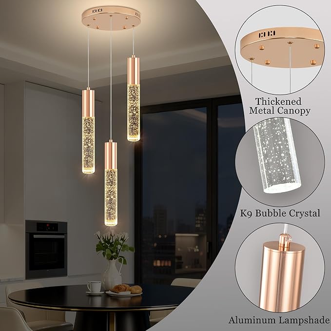 Modern Crystal Chandelier for Kitchen Island 3-Lights, Elegant Gold LED Bubble Pendant Lighting Fixture for Dining Room Bedroom Entryway