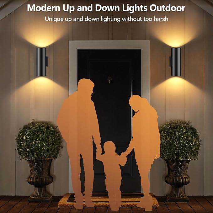 KIZON Smart Porch Lights 2 Pack, RGB Modern Outdoor Wall Lights Dusk to Dawn Exterior Lighting Fixture App Control with Remote, Up and Down Outdoor Sconce Lights for House Patio Garage