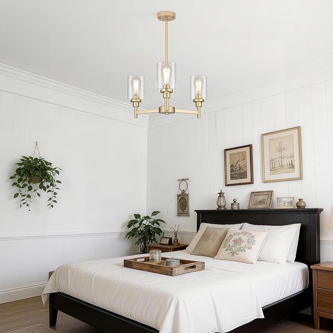3-Lights Gold Chandeliers for Dining Room Light Fixture, Farmhouse Chandeliers Over Table, Hallway Lighting Fixtures with Glass Shade for Entryway Dining Room Kitchen Island Foyer