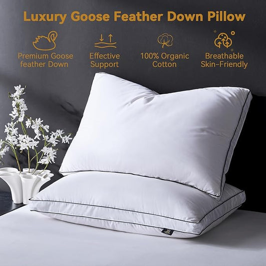 L LOVSOUL Goose Feather Down Pillow Queen Size of 2,Ultra Soft 100% Organic Cotton Fabric, 700TC,800 Fill Power, Luxury Hotel Collection Bed Gusseted Pillows for Back, Stomach or Side Sleepers