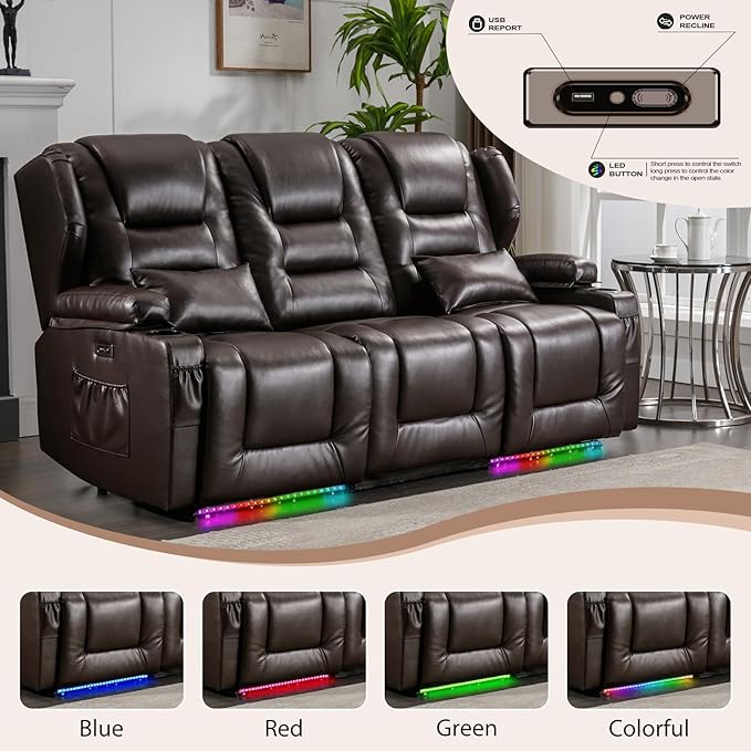 Oprisen 3-Seater Power Recliner Sofa Couch Flip Middle Backrest Reclining Sofa Chair for Living Room with Charging Station/Cup Holders/LED Ambient Light