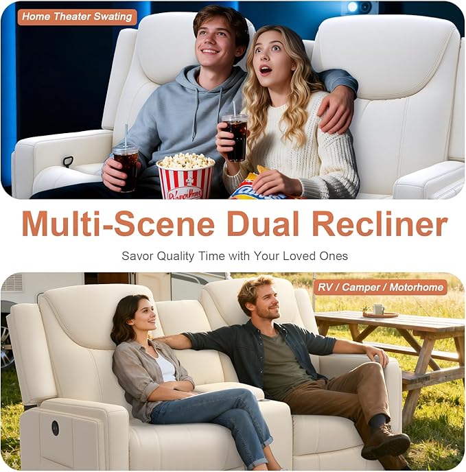 Dresegmt Loveseat Recliner Sofa, Beige PU Leather Double Recliner Loveseat with Console, Cup Holders, Storage & USB Ports, Ergonomics，Manual Reclining Sofa Couch for Living Room, RV