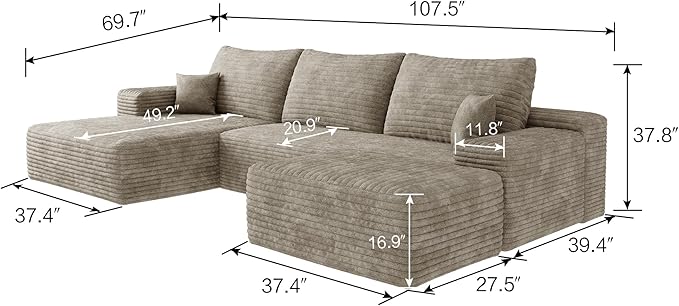 Full Foam Modular Sectional Sofa Cloud Couch, 107" Plush Corduroy Upholstered U Shaped Floor Lounge Boneless Couches w/Right Chaise Daybed and Movable Ottoman for Living Room, No Assembly Required