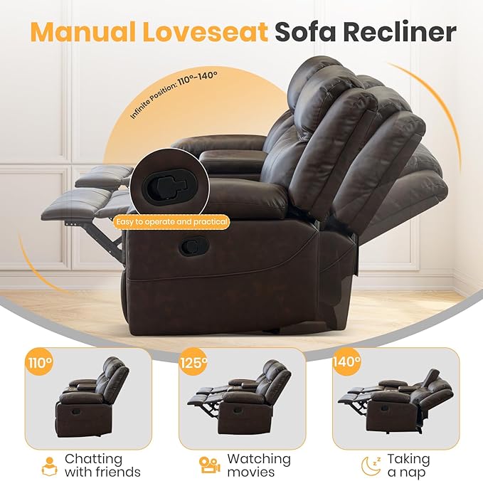 Loveseat Recliner Sofa with Massage & Heating, Reclining Loveseat with Console, RV Wall Hugger Double Loveseat Recliner Couch for Living Room & Home Theater (Brown)