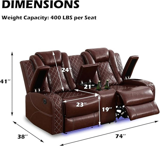 Power Leather Recliner Sofa with LED Light,74" Power Double Reclining Loveseat with Storage Console/Cup Holders/USB Port,2 Seater Leather Couch for Living Room Furniture(Red,Loveseat)