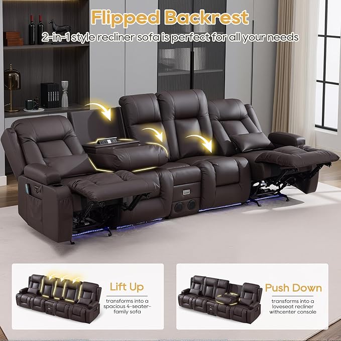 IPKIG Power Recliner Sofa with Flip-Up Backrest Console, USB & USB-C Ports, AC Outlet, LED Lights, Wall Hugger Recliners for Living Room, RV (Brown, 110.9" - 5 Seat) | Faux Leather, Zero Gravity, Dual Reclining, 2 Lumabr Pillow, Bluetooth Speakers