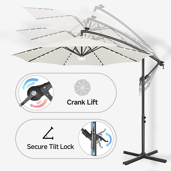 Solar Offset Patio Umbrella - 10 FT Solar Cantilever Umbrella Outdoor with 40 LED Lights and Cross Base, UV Protection for Garden, Deck, Backyard, Pool, Porch, Ivory