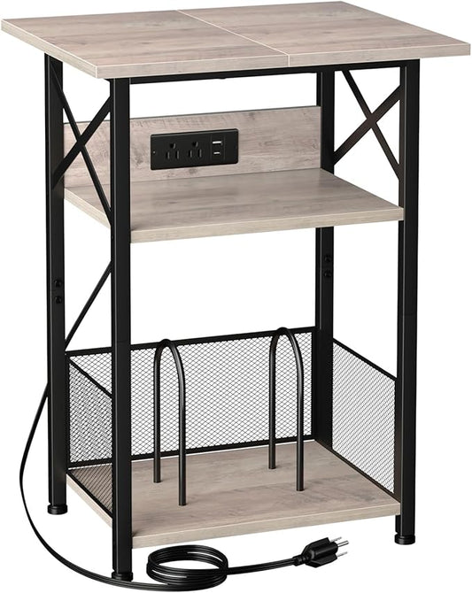 AMHANCIBLE Record Player Stand with Charging Station, Large Turntable with Storage Cabinet holds up to 100 Albums, 3 Tier End Table for Vinyl, Living Room, Grey, HETCD012GY-1