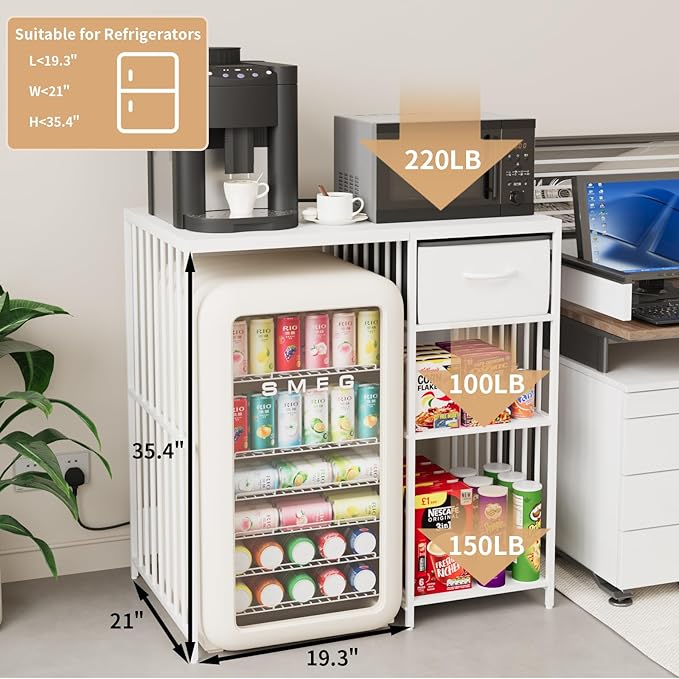 VOWNER Mini Fridge Cabinet with Power Outlet, 3-Tier Industrial Style Kitchen Microwave Stand Baker Rack with Drawer, Utility Storage Shelf for Home Kitchen Dorm Office, White, 35" Lx22 Wx37 H