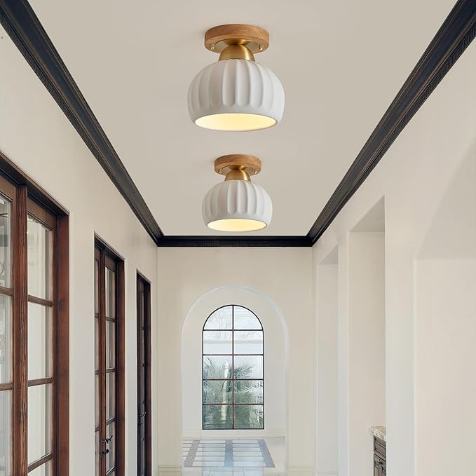 Ceramic Wood Brass Semi Flush Mount Ceiling Light Vintage Hallway Light Fixtures, Modern Small Ceiling Mount Light Lamp for Hall Kitchen Entryway Passway Porch Foyer