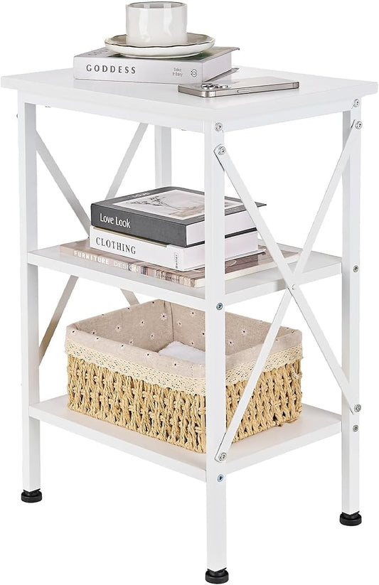 VECELO End Table, Nightstand, 24" Tall Living Room Side Tables, X-Design Reinforced Bedside Table, Nightstands with 3-Tier Storage Shelves for Small Spaces, Office, Bathroom, Bedroom, Pearl White