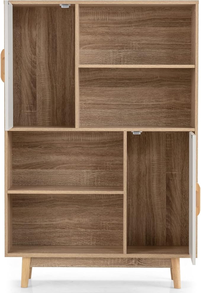 Giantex Storage Cabinet with Legs, Floor Cabinet with Doors, Shelves, Anti-Tipping Device, 4-Tier Bookshelf for Books & Photos, Tall Cupboard in Living Room, Kitchen Buffet Sideboard